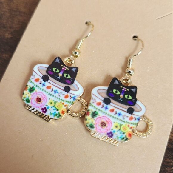 Hand Crafted Jewelry - New Hand Crafted Cute Cat in Teacup Hook Earrings 14K Gold Plated Hooks